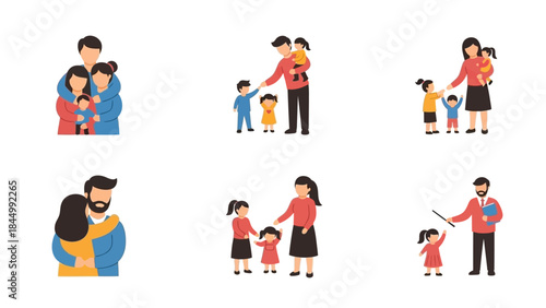 Loving family moments and parental care with children in diverse flat design illustrations