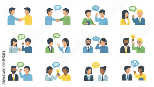 Dynamic flat illustration set depicting diverse professionals engaging in business communication, teamwork, and idea exchange.