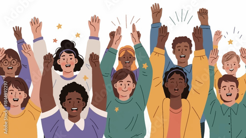 Diverse group of people celebrating together with raised arms, expressing joy and unity in a vibrant illustration.