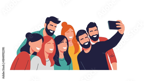 Diverse group of happy friends taking a selfie together, enjoying a cheerful social moment illustration