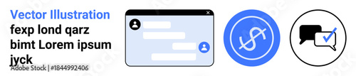 Online communication, financial technology, user interface, business operations, teamwork, and digital services. Chat window, currency symbol and verified speech bubble. Online communication
