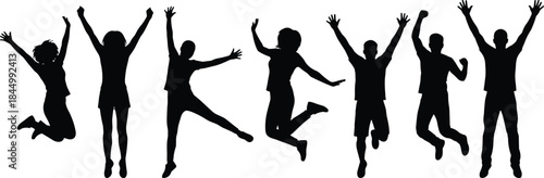 Jumping people silhouette celebrating freedom, happy youth group energy teamwork success joy concept isolated background illustration for creative design projects