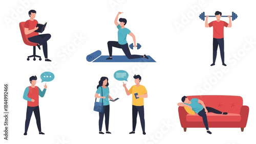 Diverse everyday activities: people reading, exercising, conversing, and resting, vector set