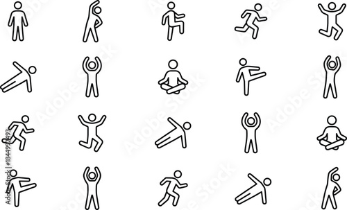 Human movement icon set, people exercise yoga running jumping poses, simple outline pictograms for fitness apps web interface design systems