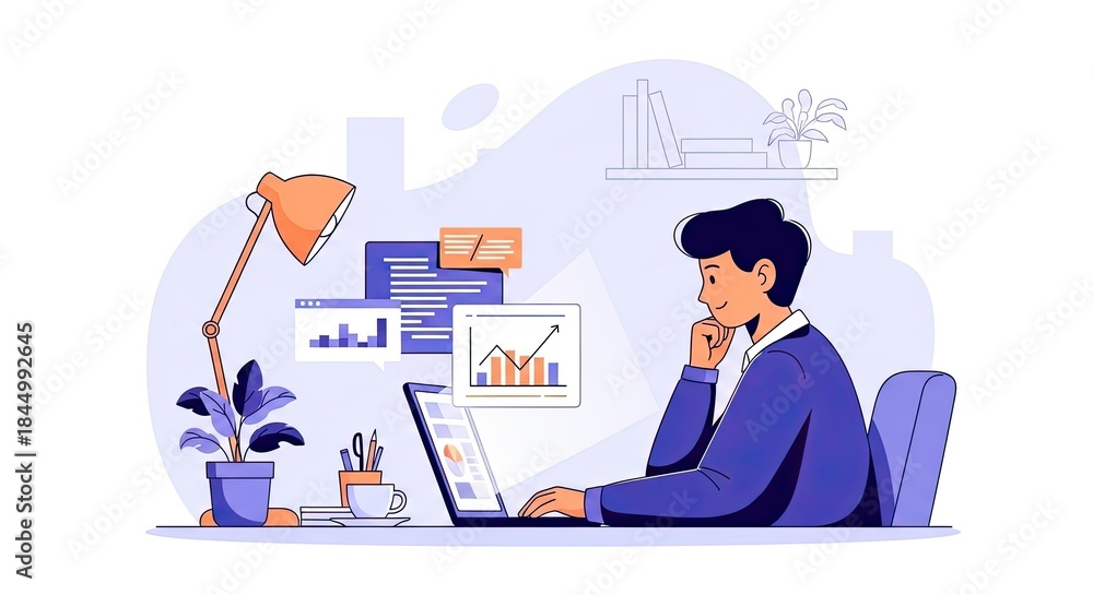 Fototapeta premium Young professional working remotely on a laptop, analyzing business data with charts and graphs, showcasing productivity and digital strategy in a modern workspace