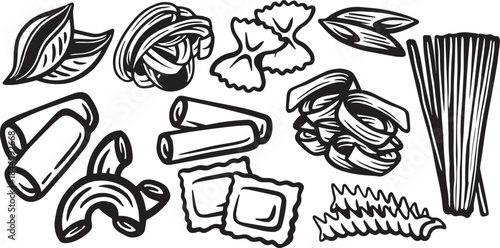 Set of black and white Italian pasta line illustrations ideal for culinary designs, menus, packaging, logos and food branding.