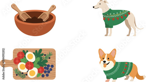 Cute winter illustration set with dogs in sweaters food bowl and healthy meal elements flat vector design