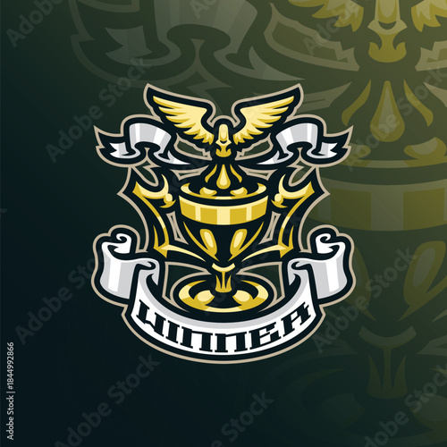 Winner mascot logo design vector. Winner trophy illustration for sport and esport team.