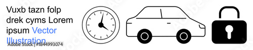 Time management, transportation, security, travel planning, punctuality, privacy. Simple icons of a clock, car and padlock. Time management and security concepts