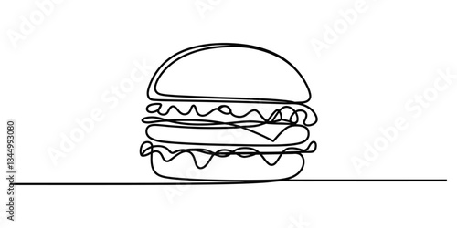 A minimalist single continuous line drawing capturing the essence of a classic hamburger on a white background Vector, illustration
