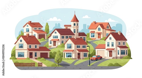 Wallpaper Mural Charming Suburban Neighborhood with Diverse Residential Homes and a Picturesque Village View Torontodigital.ca
