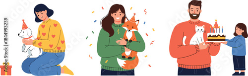 Family celebration illustration set with people and pets showing birthday party gifts cake and joyful moments flat vector design
