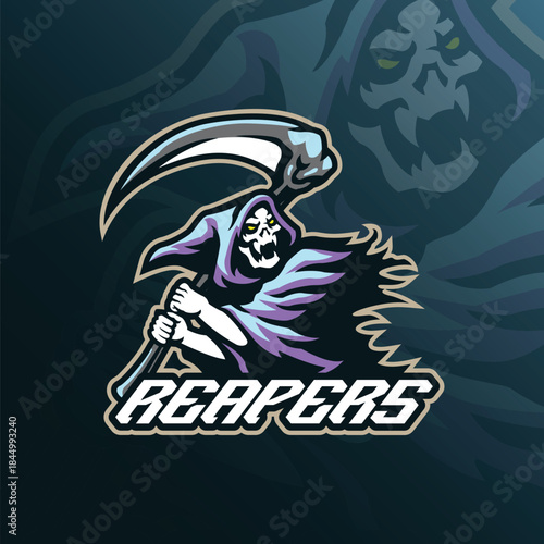 Reaper mascot logo design vector. Angry reaper illustration for sport team.