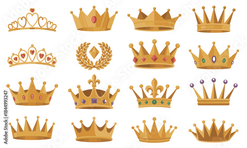 Luxurious crown vector icon collection, with sixteen gold silhouettes in sophisticated royal style, detailed illustrations representing monarchs, nobility, power symbols and regal decorative designs 