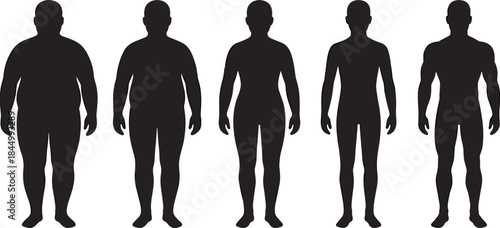 Male body type silhouette comparison, human anatomy shapes from obese to athletic, fitness health transformation concept, isolated background illustration