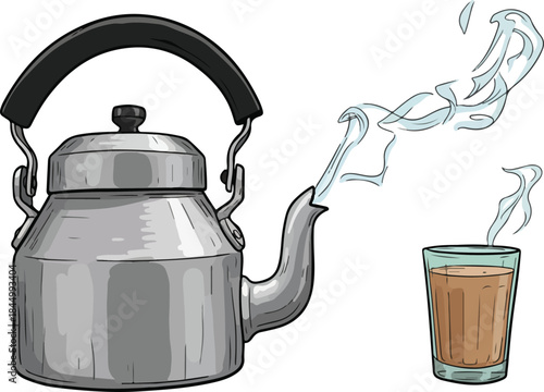 Indian tea with kettle and smoke vector illustration