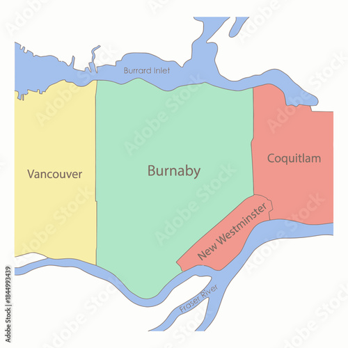 Greater Vancouver municipalities map showing Burnaby and Coquitlam vector illustration