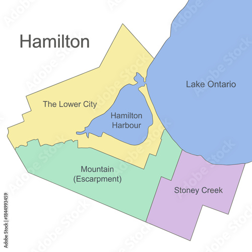 Hamilton city map showing districts and Lake Ontario vector