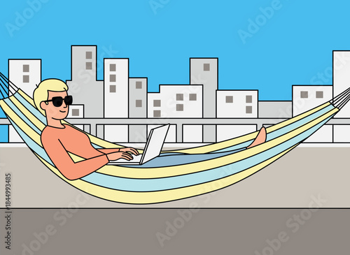 Illustration of a relaxed blonde person working remotely on a laptop in a hammock on an outdoor balcony, Concept of digital nomad and remote work