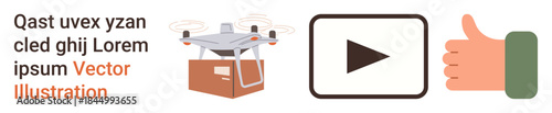 Delivery technology, online video streaming, feedback systems, futuristic logistics, digital interaction, e-commerce services. quadcopter carrying a package, play button icon, thumbs-up symbol