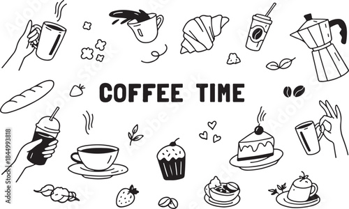 Coffee time doodle. Hand drawn coffee or beverage with cup and croissant, cake and latte. Coffee break line art poster. Morning concept, vintage decoration  black and white line art
