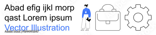 Career, productivity, teamwork, planning, workflow, and organization. Minimalist design a professional character, briefcase and gear. Career and productivity concept illustration