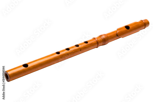 Handcrafted wooden flute wind instrument with finger holes on a transparent background