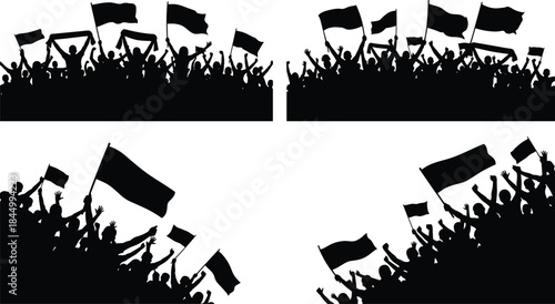 Protest crowd silhouette waving flags, political rally demonstration people unity, revolution movement support, social activism event illustration background