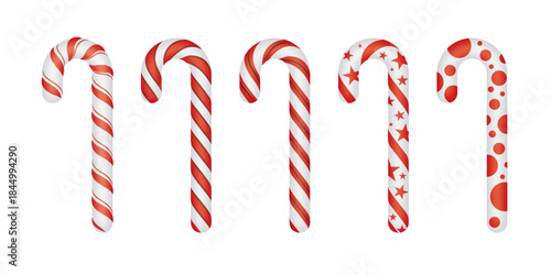 Christmas candy canes. Christmas stick. Traditional xmas candy with red, and white stripes. Santa caramel cane with striped pattern. Vector illustration isolated on white background