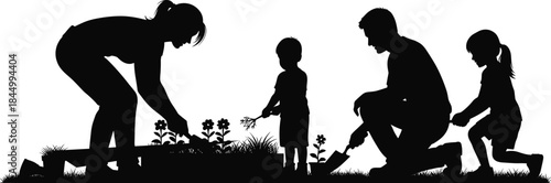 Black silhouette of family gardening together with children, planting flowers and vegetables, teamwork in garden, nature education and outdoor bonding concept