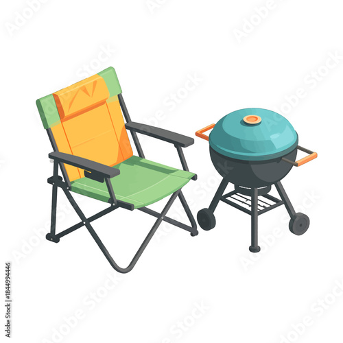 Outdoor Camping Chair and Barbecue Grill Set on a White Background