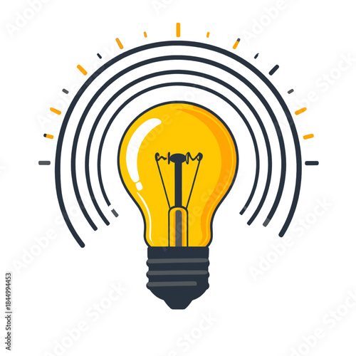 Bright Incandescent Light Bulb Glowing With Concentric Arcs And Rays On White Background Symbolizing Ideas And Innovation