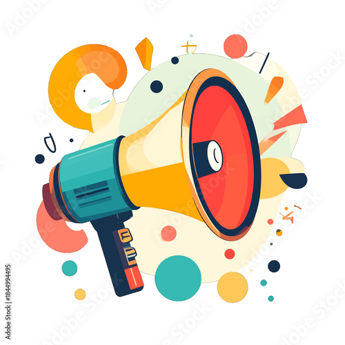 Retro Megaphone Announcing with Colorful Abstract Shapes and Geometric Elements on a Light Background