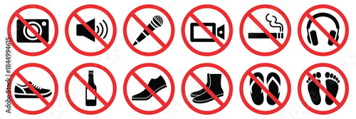 Prohibition sign icon set, featuring flat vector red circle symbols showing no camera, phone, food, pets, smoking, fire, noise and other restrictions, isolated on white background for safety 