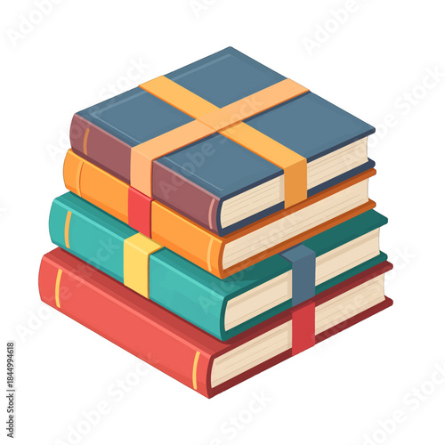 Stack of Four Colorful Books Tied Together with Orange Ribbon Isolated on White Background Representing Knowledge and Education
