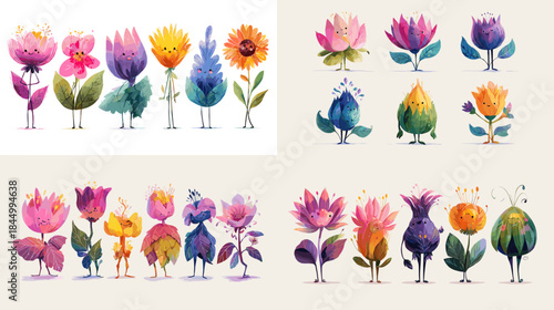 Cute fantasy flower characters illustrated in bright colors with expressive faces ideal for children designs nursery art storytelling visuals and playful nature themed decorations