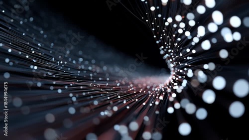 Cinematic view of glowing data points and fiber optic cables spiraling in a dark digital space.