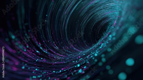 Holographic data tunnel vortex with glowing teal purple magenta particles for tech banner, website background, app interface, digital presentation, social media visual


