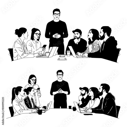 meeting room, presentation, boss give presention on new project silhouette