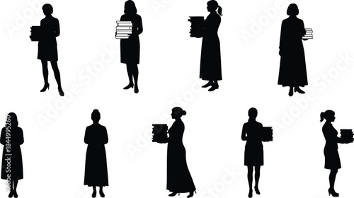 black silhouette women carrying books, standing, reading, teacher librarian student education concept, white background vector illustration, academic learning theme