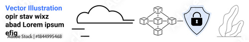 Cloud computing, data security, blockchain, technology protection, digital solutions, decentralized storage. Line art cloud, blockchain network shield with padlock. Cloud computing and data security