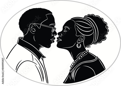 A loving couple shares an intimate moment, depicted in a stylish black and white silhouette