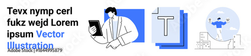 Business productivity, workflow management, digital tools, multitasking, remote work, efficiency. A man holds a tablet, text document and a figure balances scales. Business productivity and workflow