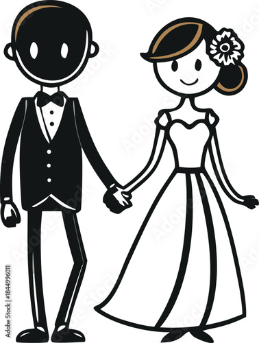 A delightful cartoon illustration of a newlywed bride and groom couple holding hands