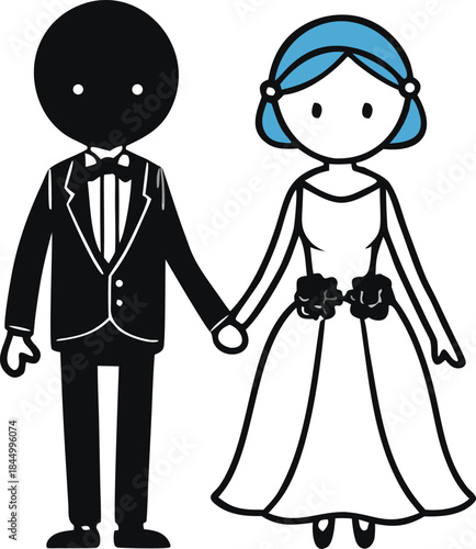 Simple cartoon illustration of a newlywed couple, a bride and groom holding hands
