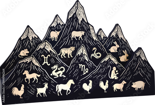 Linocut style mountain shaped lantern with hidden zodiac animals rough carved edges illustration