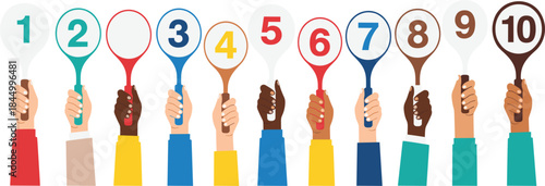 Hands holding numbered score paddles one to ten rating scale feedback evaluation voting and satisfaction concept illustration