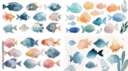 A colorful watercolor set of various fish species in soft ocean tones. Ideal for marine themes, children designs, packaging, wallpaper, and creative underwater artwork.