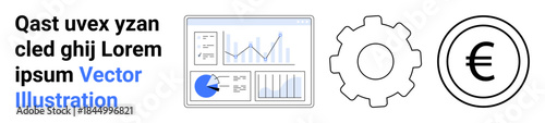 Data chart showing analytics, gear symbol for system configuration, euro coin for currency. Ideal for finance, business, analytics, cryptocurrency, economics, development simple landing page