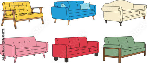 Modern sofa and couch furniture illustration set with colorful living room seating designs isolated flat vector